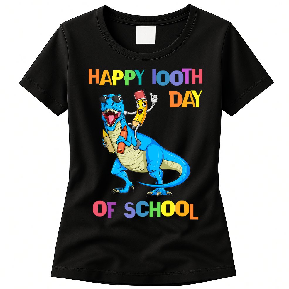 Happy 100th Day Of School Pencil Riding Dinosaur T Rex Funny Womens T-Shirt