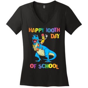 Happy 100th Day Of School Pencil Riding Dinosaur T Rex Funny Women's V-Neck T-Shirt