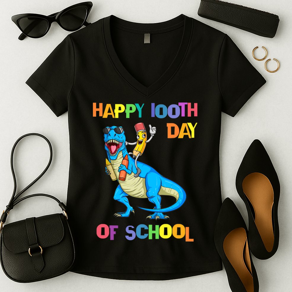 Happy 100th Day Of School Pencil Riding Dinosaur T Rex Funny Women's V-Neck T-Shirt