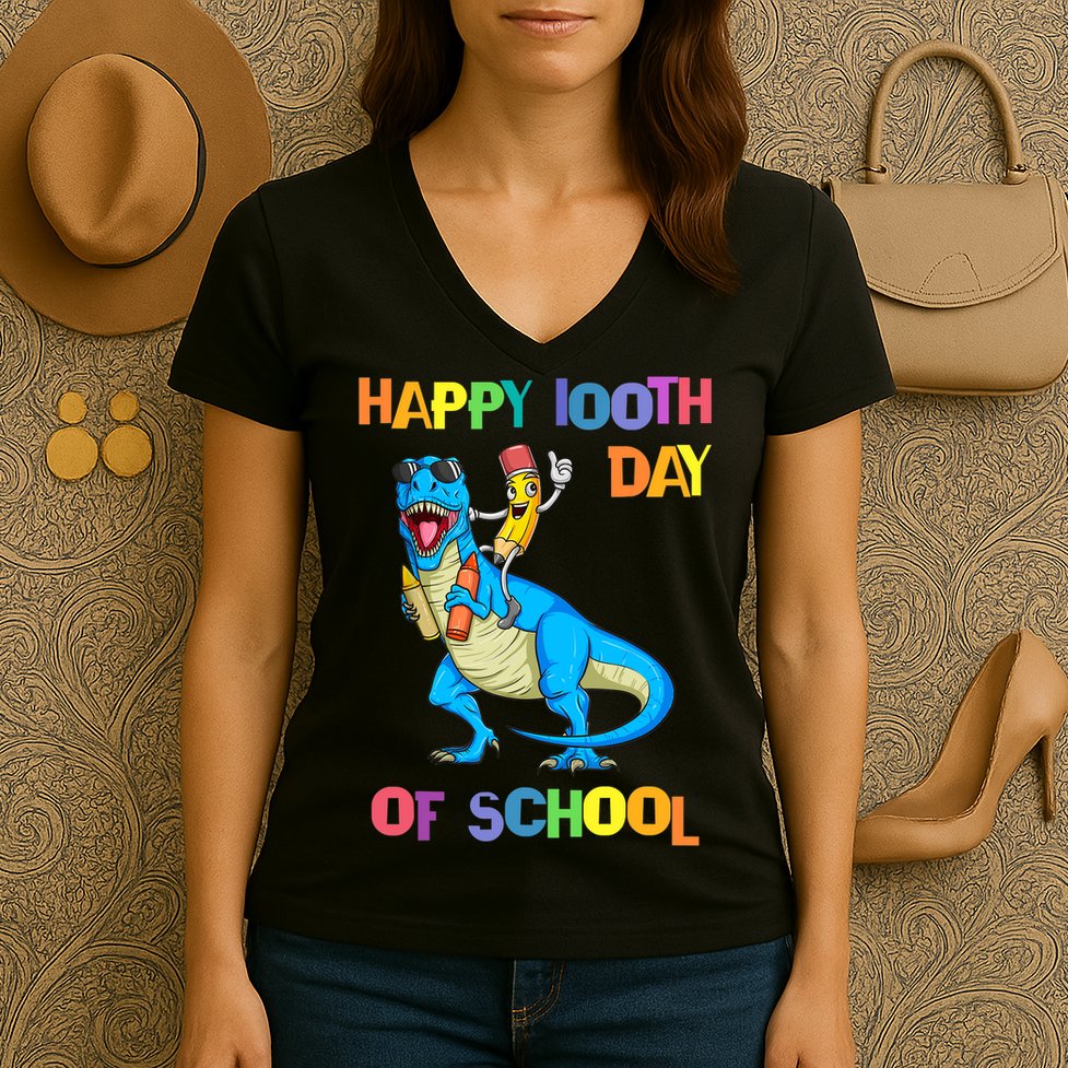 Happy 100th Day Of School Pencil Riding Dinosaur T Rex Funny Women's V-Neck T-Shirt
