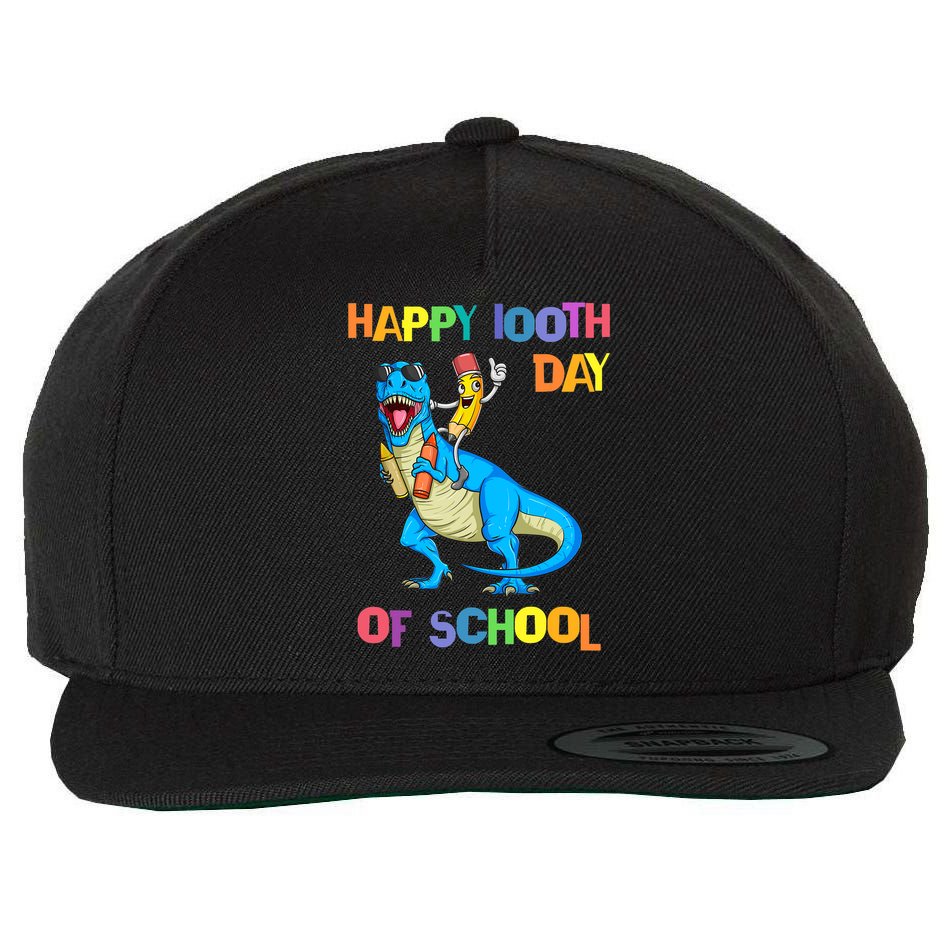Happy 100th Day Of School Pencil Riding Dinosaur T Rex Funny Wool Snapback Cap