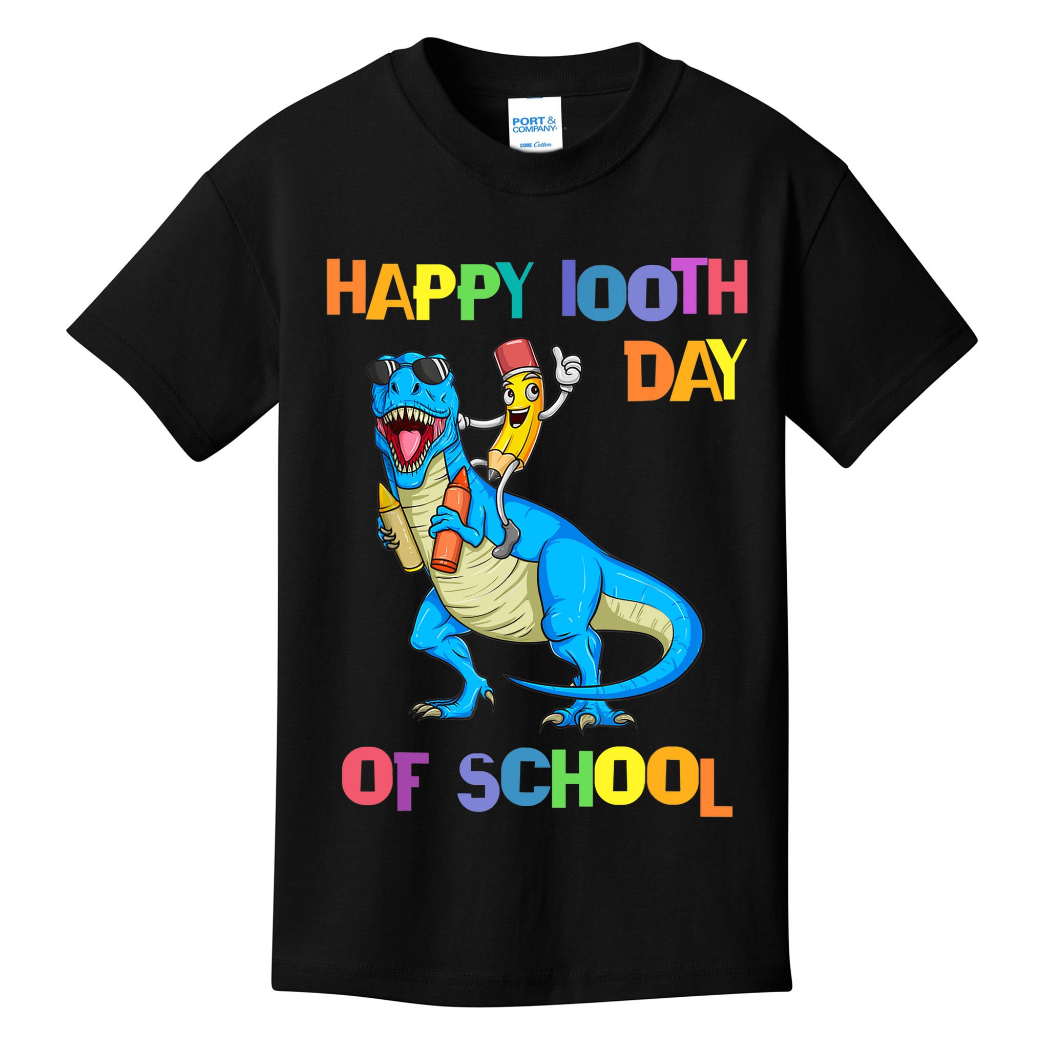 Happy 100th Day Of School Pencil Riding Dinosaur T Rex Funny Kids T-Shirt