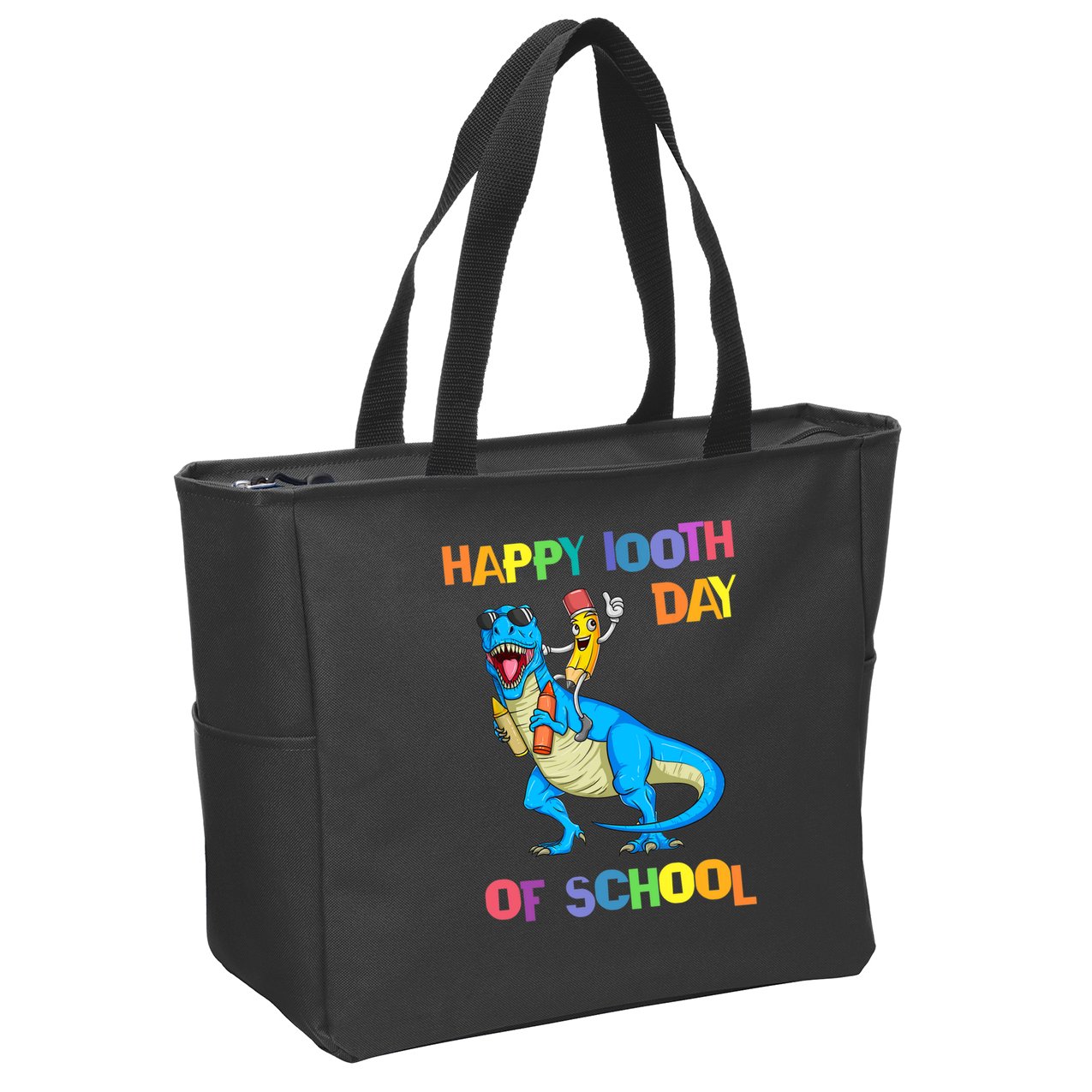 Happy 100th Day Of School Pencil Riding Dinosaur T Rex Funny Zip Tote Bag