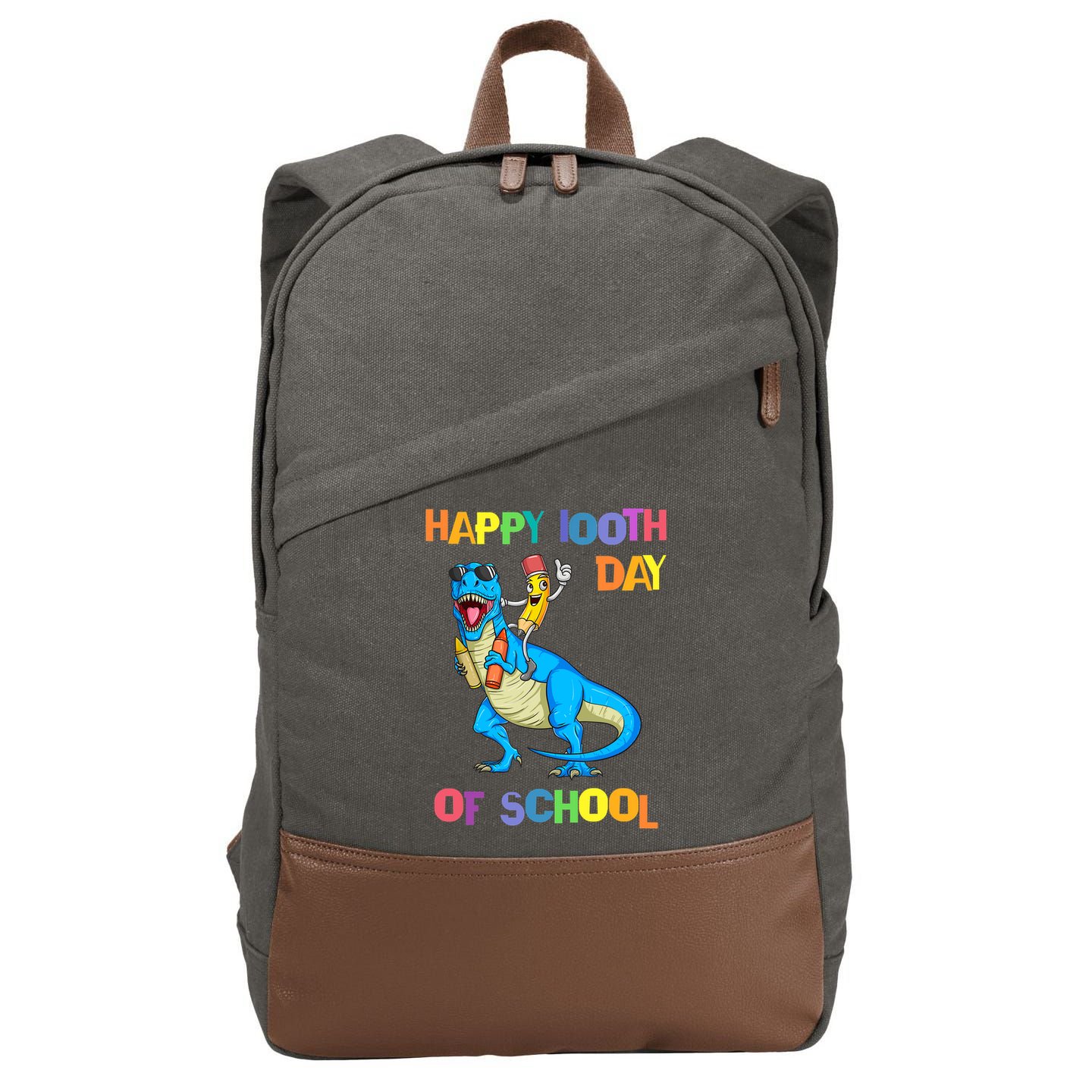 Happy 100th Day Of School Pencil Riding Dinosaur T Rex Funny Cotton Canvas Backpack