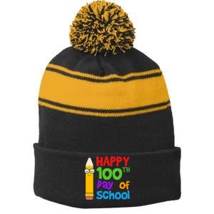 Happy 100th Day Of School Cute Stripe Pom Pom Beanie