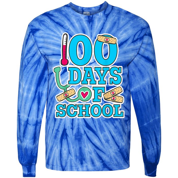 Happy 100th Day Of School Nurses 100 Days Of School Cute Gift Tie-Dye Long Sleeve Shirt