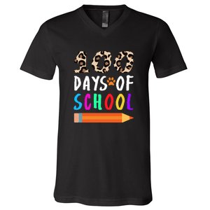 Happy 100th Day Of School Teacher 100 Days Rainbow Leopard V-Neck T-Shirt