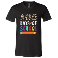 Happy 100th Day Of School Teacher 100 Days Rainbow Leopard V-Neck T-Shirt