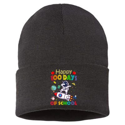 Happy 100 Days Of School Astronaut Outer Space Kids Child Sustainable Knit Beanie