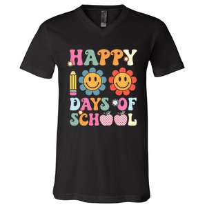 Happy 100th Day Of School Teacher Retro Groovy 100 Days V-Neck T-Shirt