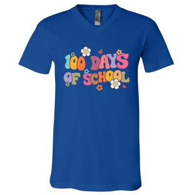 Happy 100 Days Of School 100 Days Smarter Brighter Groovy Gift V-Neck T-Shirt