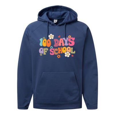 Happy 100 Days Of School 100 Days Smarter Brighter Groovy Gift Performance Fleece Hoodie