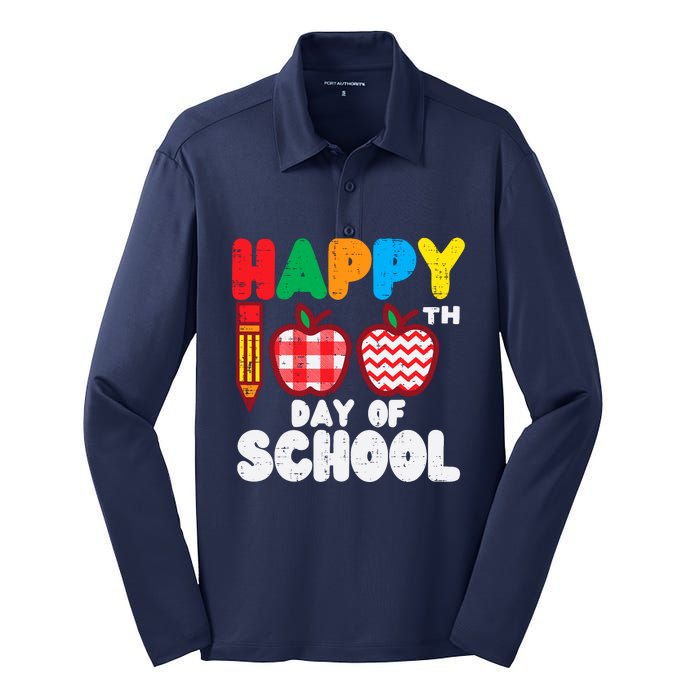 Happy 100th Day School Apples 100 Days Student Teacher Gift Silk Touch Performance Long Sleeve Polo