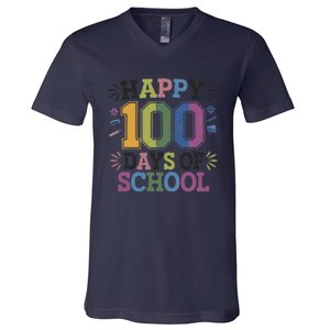 Happy 100th Day Of School Tie Dye Rainbow 100 Days Smarter V-Neck T-Shirt