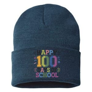 Happy 100th Day Of School Tie Dye Rainbow 100 Days Smarter Sustainable Knit Beanie