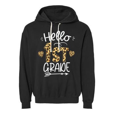 Hello 1st Grade Leopard Teacher Students Back To School First Day Of School Garment-Dyed Fleece Hoodie