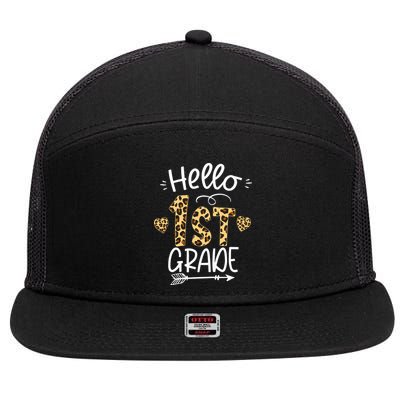 Hello 1st Grade Leopard Teacher Students Back To School First Day Of School 7 Panel Mesh Trucker Snapback Hat