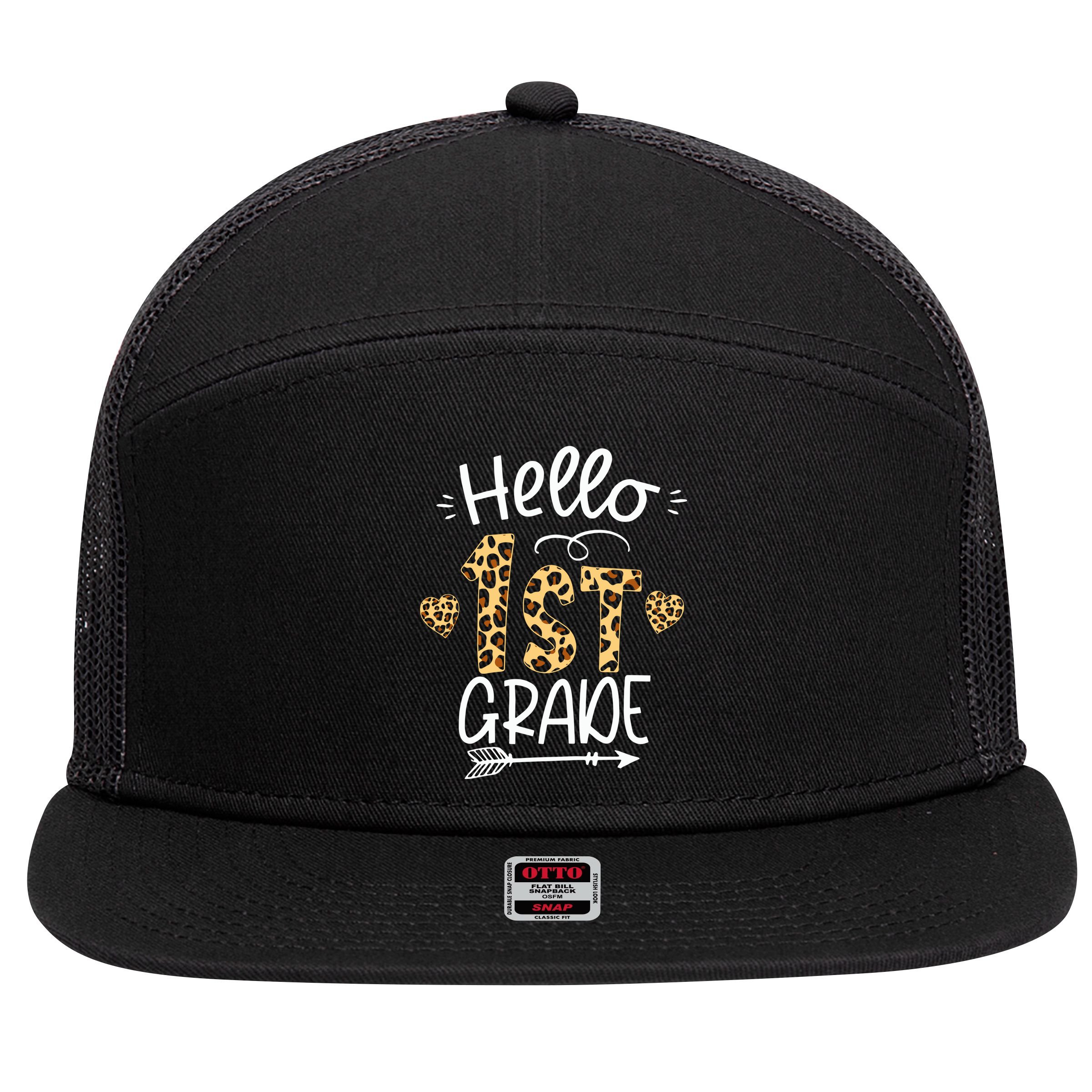 Hello 1st Grade Leopard Teacher Students Back To School First Day Of School 7 Panel Mesh Trucker Snapback Hat