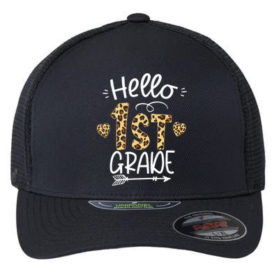 Hello 1st Grade Leopard Teacher Students Back To School First Day Of School Flexfit Unipanel Trucker Cap