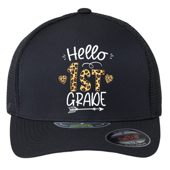 Hello 1st Grade Leopard Teacher Students Back To School First Day Of School Flexfit Unipanel Trucker Cap