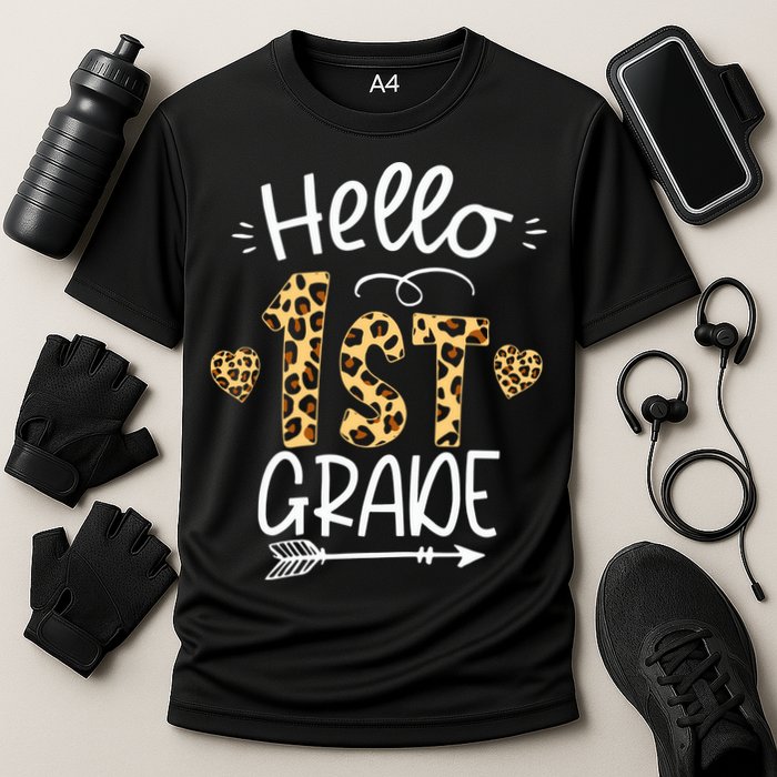 Hello 1st Grade Leopard Teacher Students Back To School First Day Of School Cooling Performance Crew T-Shirt