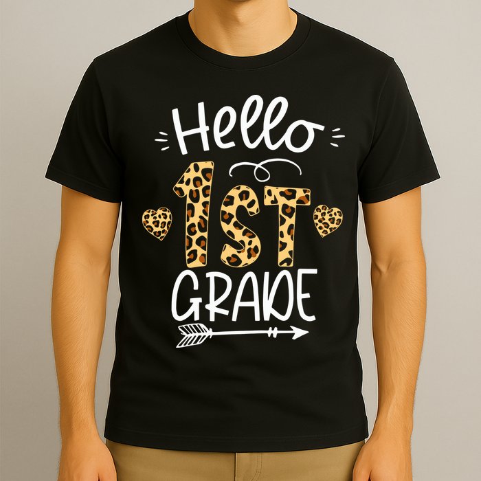 Hello 1st Grade Leopard Teacher Students Back To School First Day Of School T-Shirt