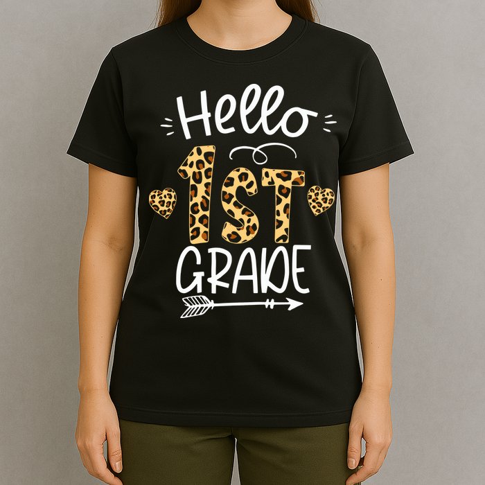 Hello 1st Grade Leopard Teacher Students Back To School First Day Of School T-Shirt