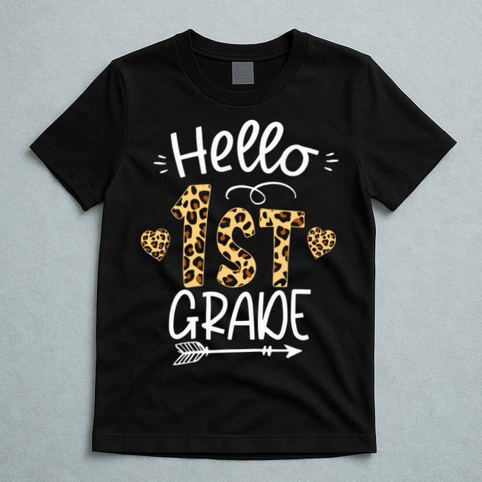 Hello 1st Grade Leopard Teacher Students Back To School First Day Of School T-Shirt