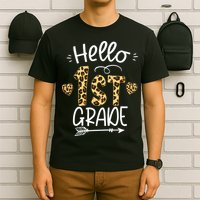 Hello 1st Grade Leopard Teacher Students Back To School First Day Of School T-Shirt