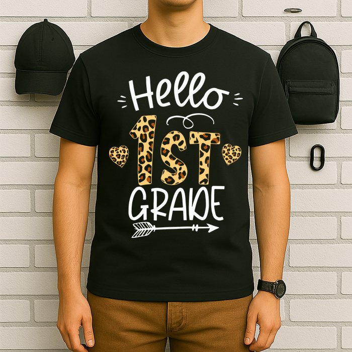 Hello 1st Grade Leopard Teacher Students Back To School First Day Of School T-Shirt