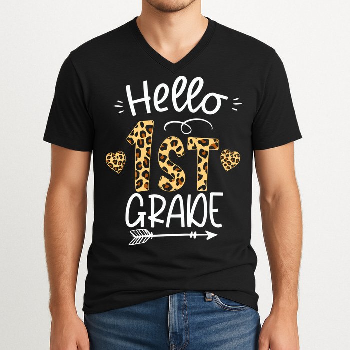 Hello 1st Grade Leopard Teacher Students Back To School First Day Of School V-Neck T-Shirt