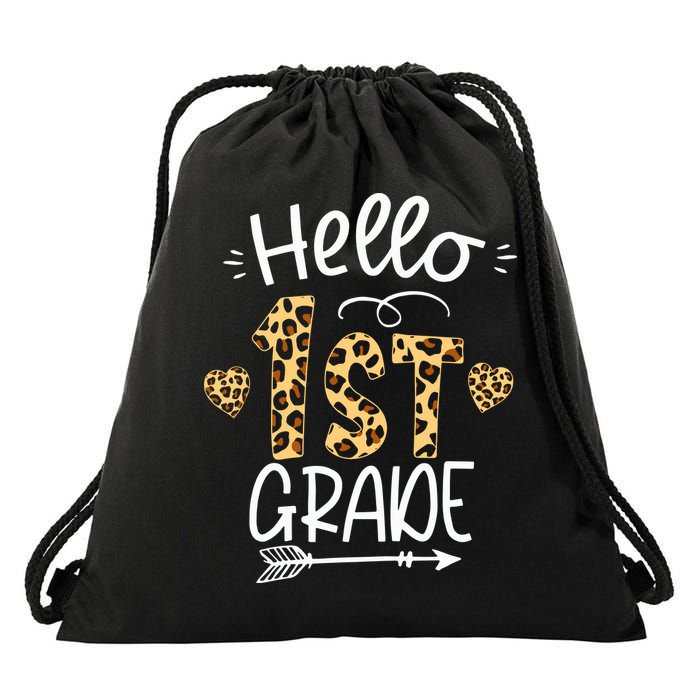 Hello 1st Grade Leopard Teacher Students Back To School First Day Of School Drawstring Bag