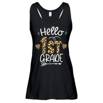 Hello 1st Grade Leopard Teacher Students Back To School First Day Of School Ladies Essential Flowy Tank