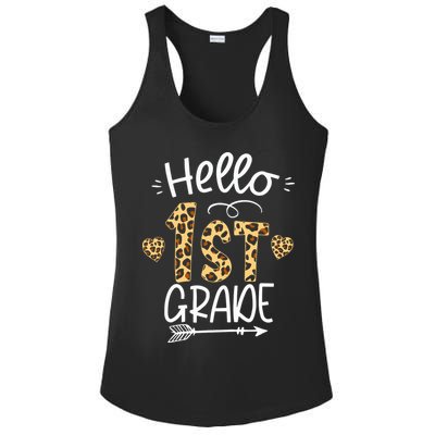 Hello 1st Grade Leopard Teacher Students Back To School First Day Of School Ladies PosiCharge Competitor Racerback Tank