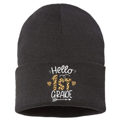 Hello 1st Grade Leopard Teacher Students Back To School First Day Of School Sustainable Knit Beanie