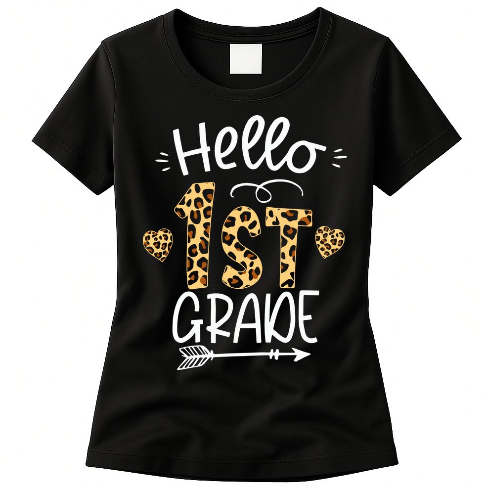Hello 1st Grade Leopard Teacher Students Back To School First Day Of School Womens T-Shirt