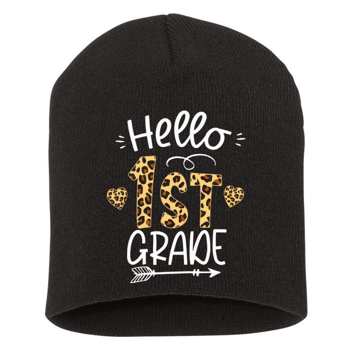 Hello 1st Grade Leopard Teacher Students Back To School First Day Of School Short Acrylic Beanie