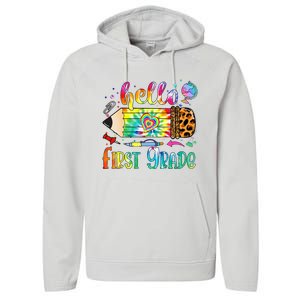 Hello 1st Grade Leopard Pencil Tie Dye Funny Back To School Performance Fleece Hoodie