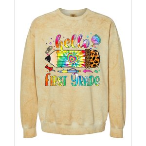 Hello 1st Grade Leopard Pencil Tie Dye Funny Back To School Colorblast Crewneck Sweatshirt