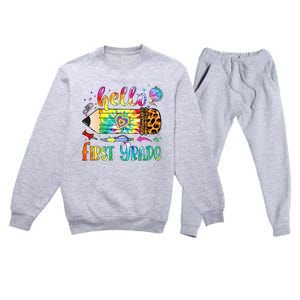 Hello 1st Grade Leopard Pencil Tie Dye Funny Back To School Premium Crewneck Sweatsuit Set