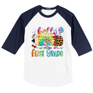 Hello 1st Grade Leopard Pencil Tie Dye Funny Back To School Baseball Sleeve Shirt