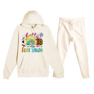 Hello 1st Grade Leopard Pencil Tie Dye Funny Back To School Premium Hooded Sweatsuit Set