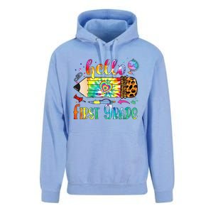 Hello 1st Grade Leopard Pencil Tie Dye Funny Back To School Unisex Surf Hoodie