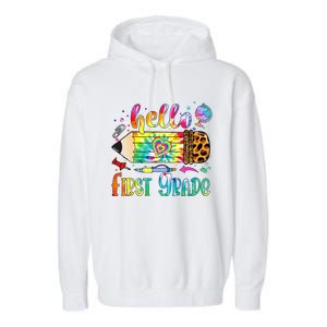 Hello 1st Grade Leopard Pencil Tie Dye Funny Back To School Garment-Dyed Fleece Hoodie