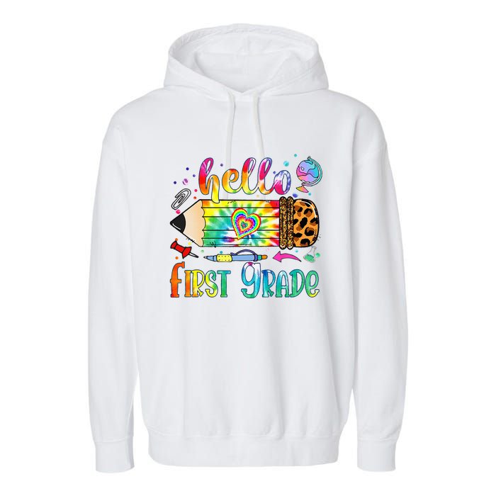 Hello 1st Grade Leopard Pencil Tie Dye Funny Back To School Garment-Dyed Fleece Hoodie