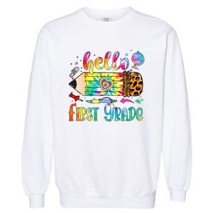 Hello 1st Grade Leopard Pencil Tie Dye Funny Back To School Garment-Dyed Sweatshirt