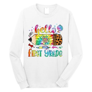 Hello 1st Grade Leopard Pencil Tie Dye Funny Back To School Long Sleeve Shirt