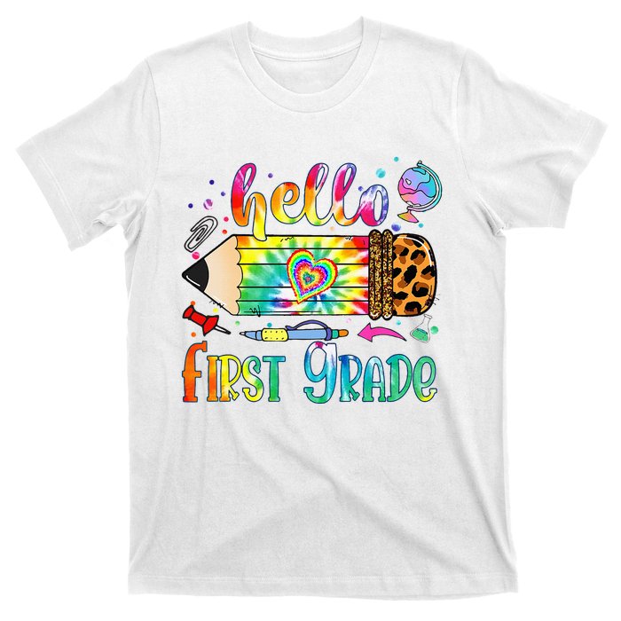 Hello 1st Grade Leopard Pencil Tie Dye Funny Back To School T-Shirt