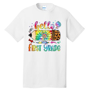 Hello 1st Grade Leopard Pencil Tie Dye Funny Back To School Tall T-Shirt