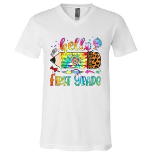 Hello 1st Grade Leopard Pencil Tie Dye Funny Back To School V-Neck T-Shirt